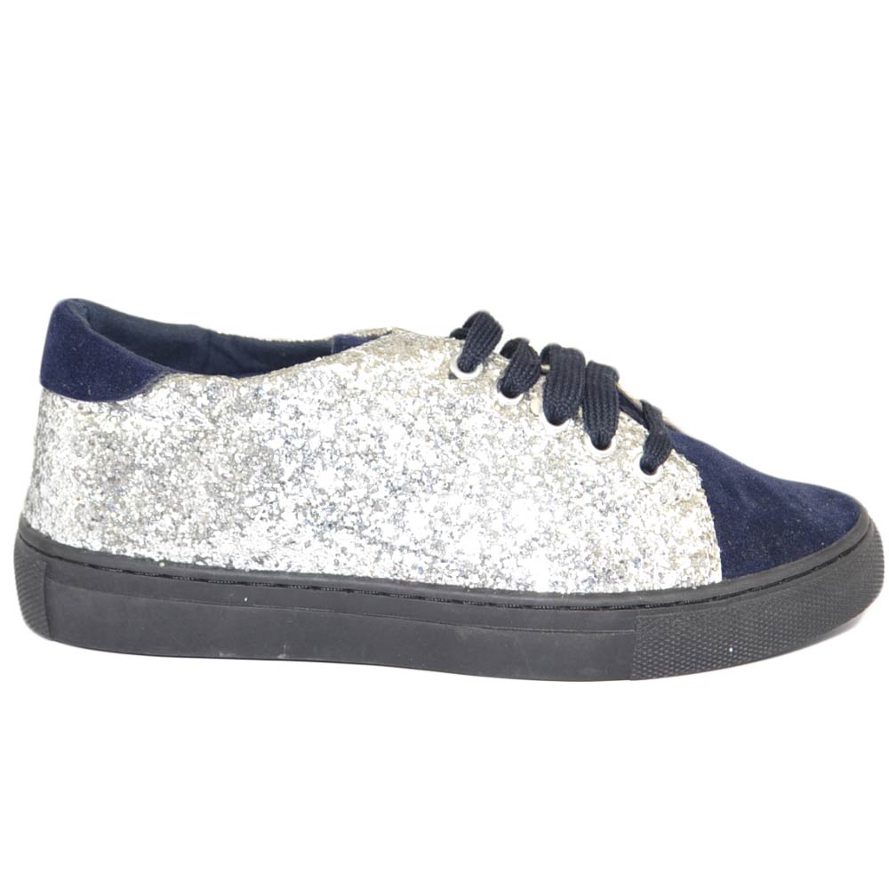 Sneakers casual bassa donna blu con laterali glitter argento fondo basso leggere comode moda punta tonda.