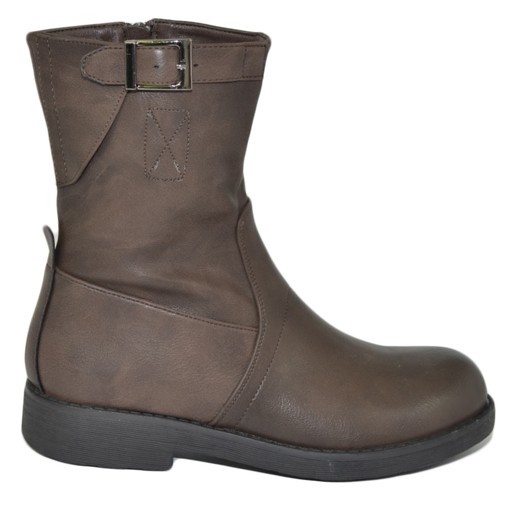 Stivaletto biker donna corto linea basic testa di moro zip fondo gomma comfort comodo fibbia moda casual