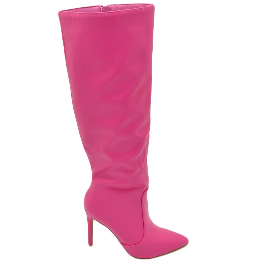 Stivali alti donna al ginocchio in pelle rosa fucsia a punta tacco a spillo 12 cm zip lunga aderente moda linea Basic.