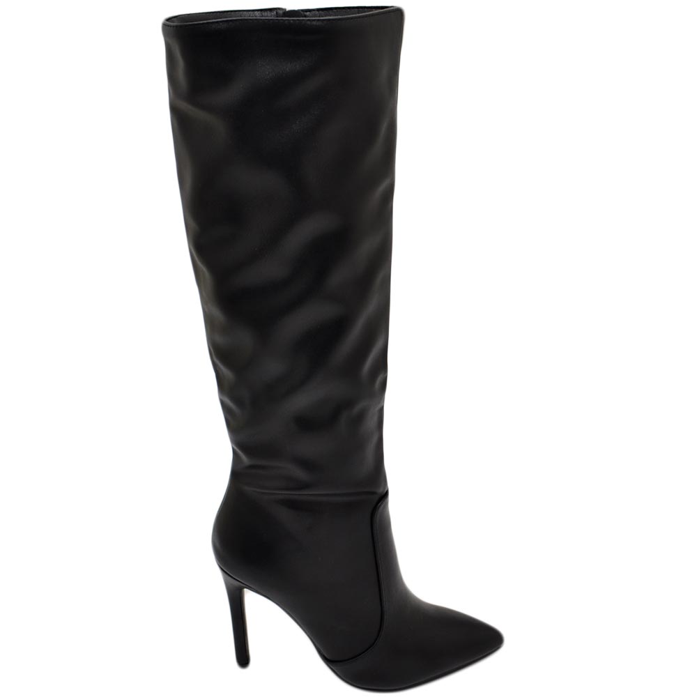 Stivali alti donna al ginocchio in pelle nero a punta tacco a spillo 12 cm zip lunga aderente moda linea Basic.