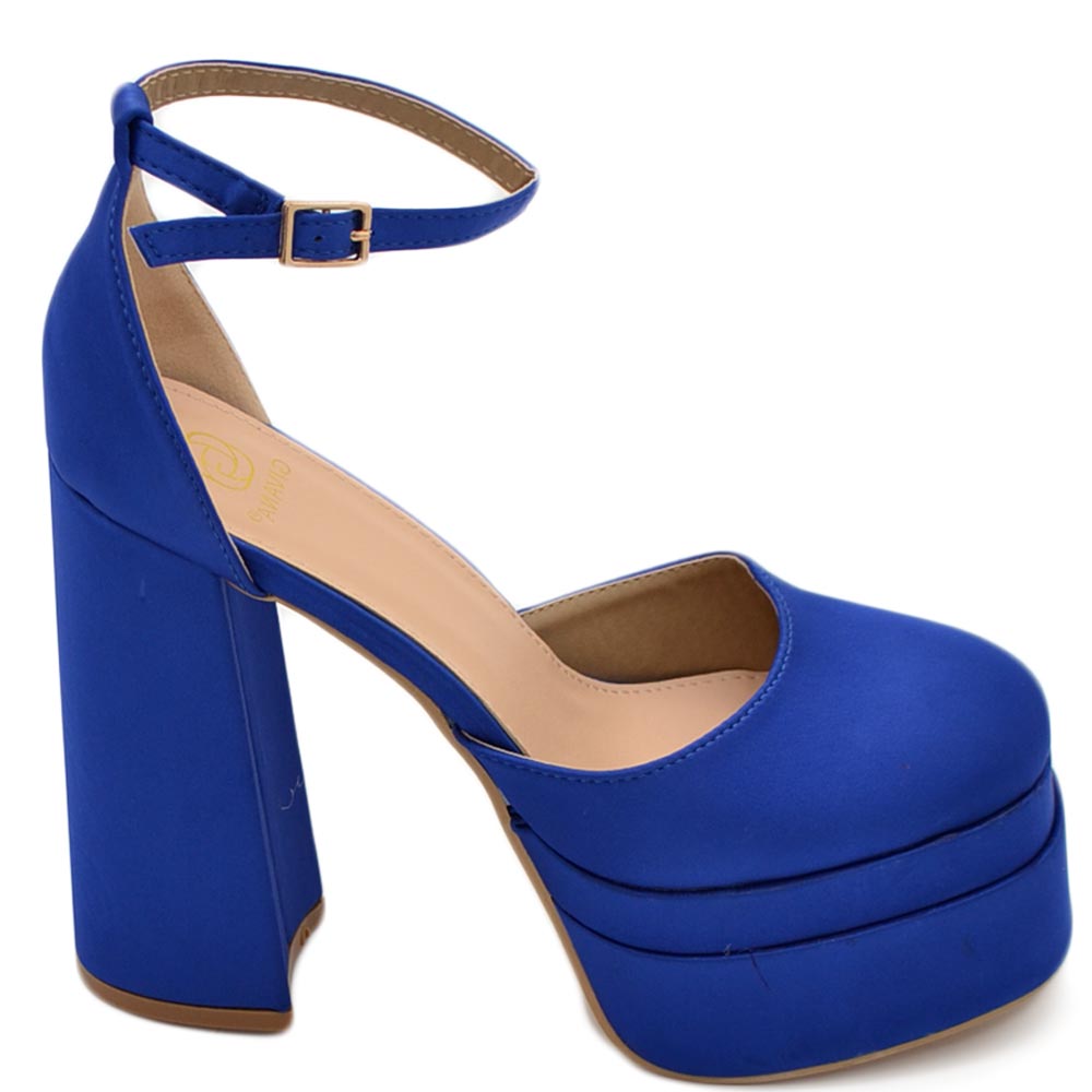 Scarpe donna platform Mary Jane blu royal cinturino alla caviglia tacco 15 cm con zeppa 6 cm chiuse in punta moda.