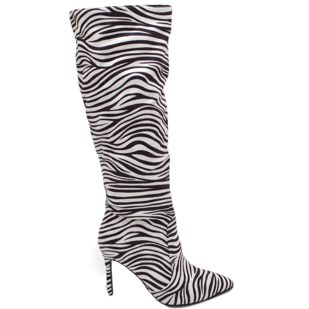Stivale alto donna in camoscio effetto zebrato con tacco a spillo 12 aderente con zip a punta sotto ginocchio donna stivali Malu Shoes MaluShoes