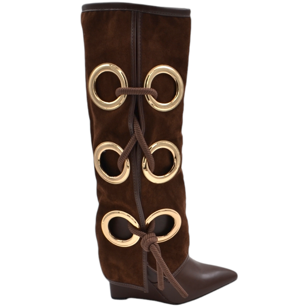 Stivali donna alti in camoscio marrone applicazioni oro modello shark risvolto fino a terra zeppa 10 cm con zip 