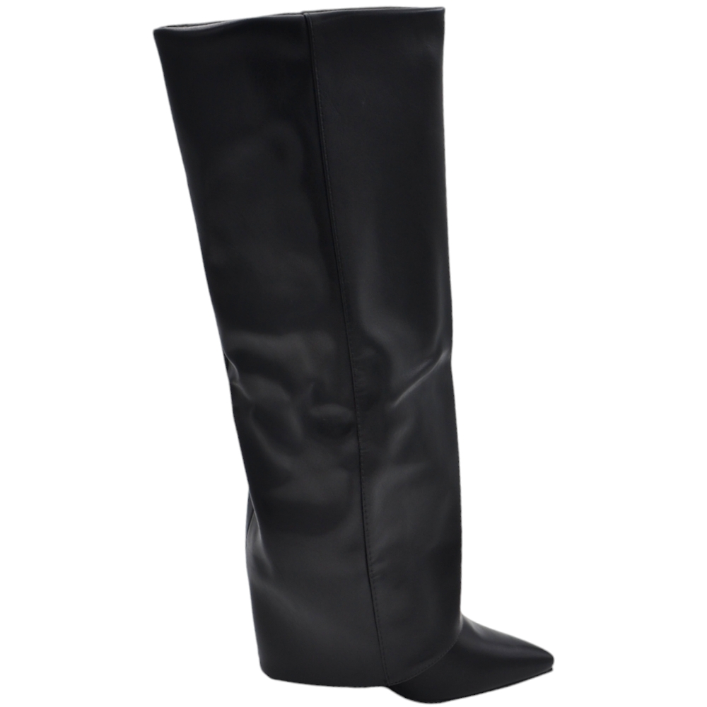Stivali donna alti neri a punta con risvoltone para pelle fino a terra tacco zeppa intero 10 cm moda luxury