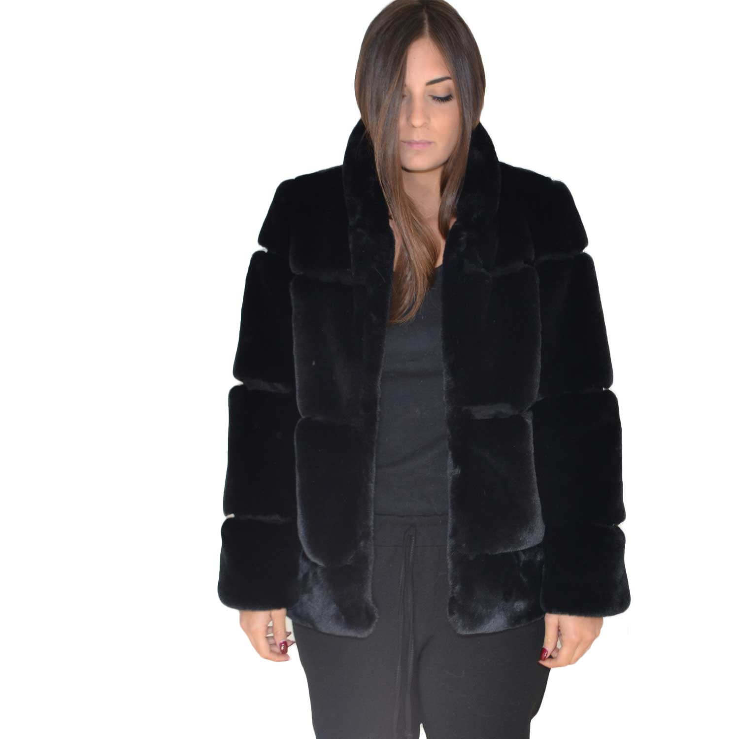 New pelliccia art.kzell033 morbidissima nera voluminosa pelo fodera interna autunno inverno maniche lunghe