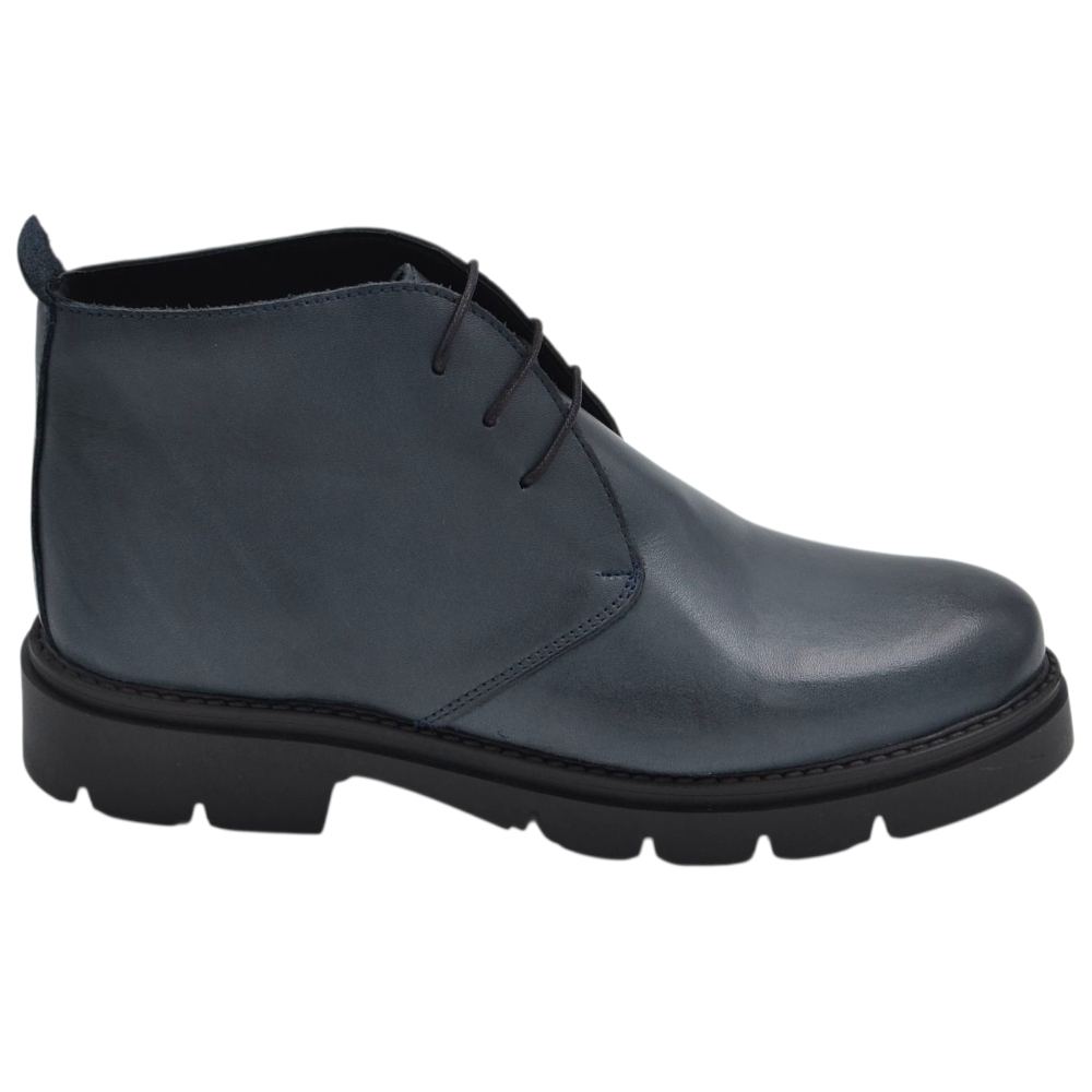 Scarpe uomo polacchini blu spazzolato in vera pelle di nappa business fondo gomma roccia alto.