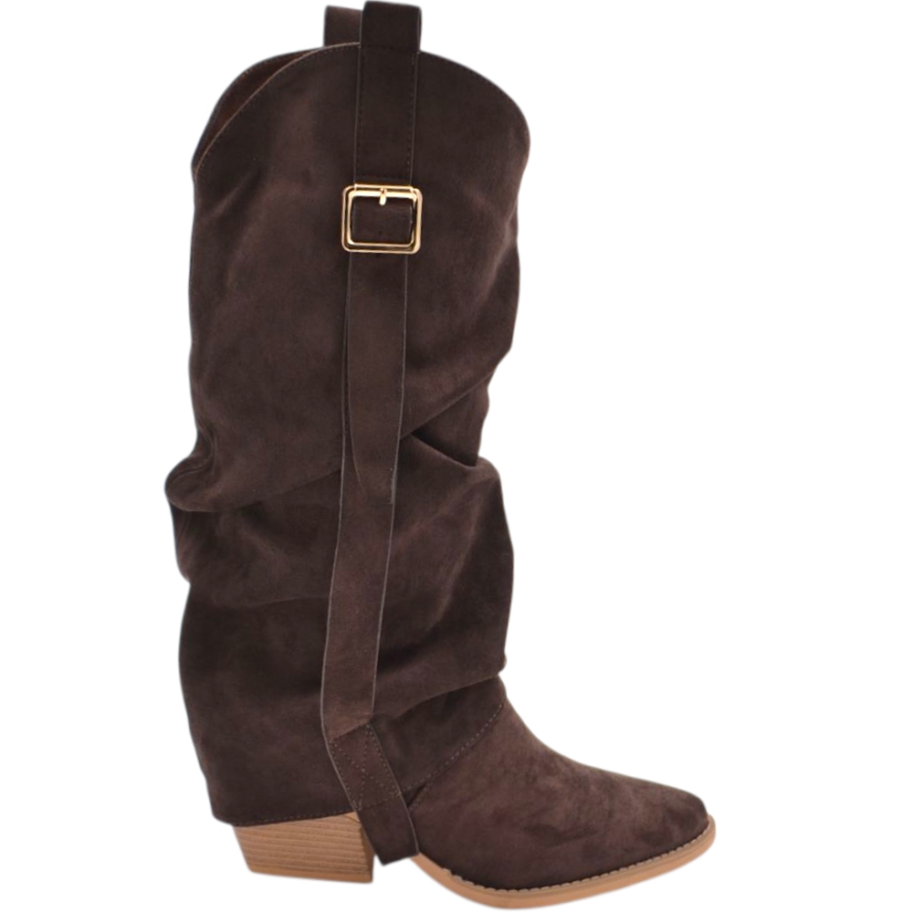 Stivali donna al ginocchio camperos in camoscio marrone con risvolto fibbia arricciato tacco western 7 cm zip .