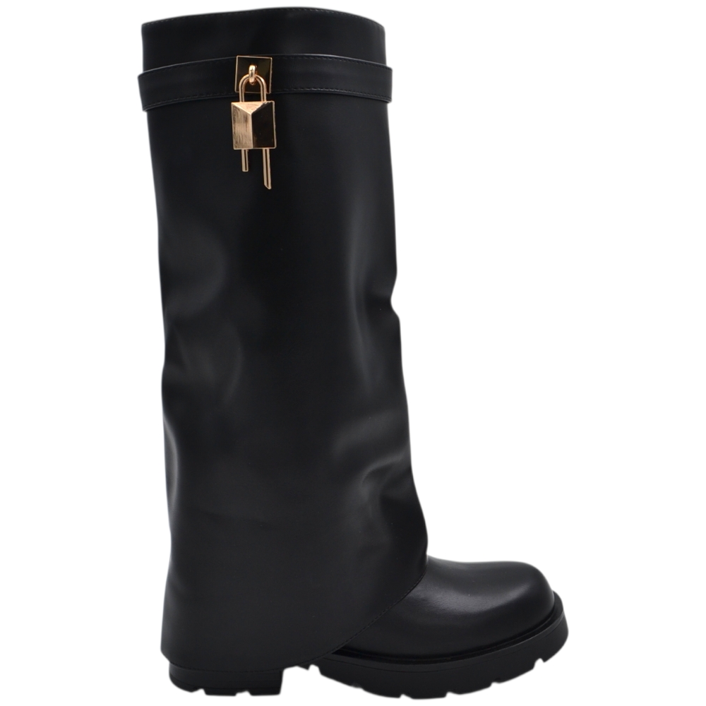 Stivali donna al ginocchio shark in pelle nera con risvolto gancio oro suola platform 3 cm zip interna nascosta