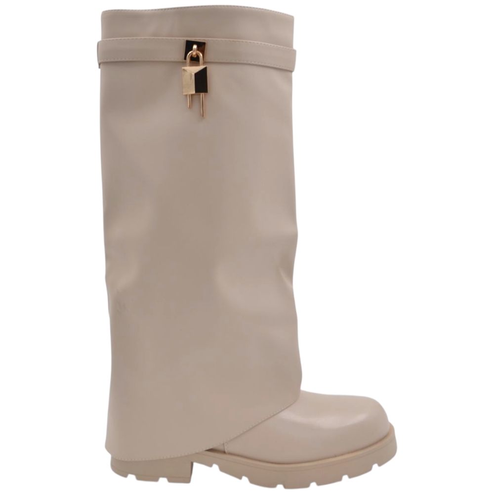 Stivali donna al ginocchio shark in pelle beige con risvolto gancio oro suola platform 3 cm zip interna nascosta