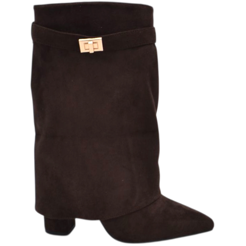 Stivaletto donna tronchetto meta' polpaccio shark a punta in camoscio marrone risvolto gancio oro tacco largo 10 zip.