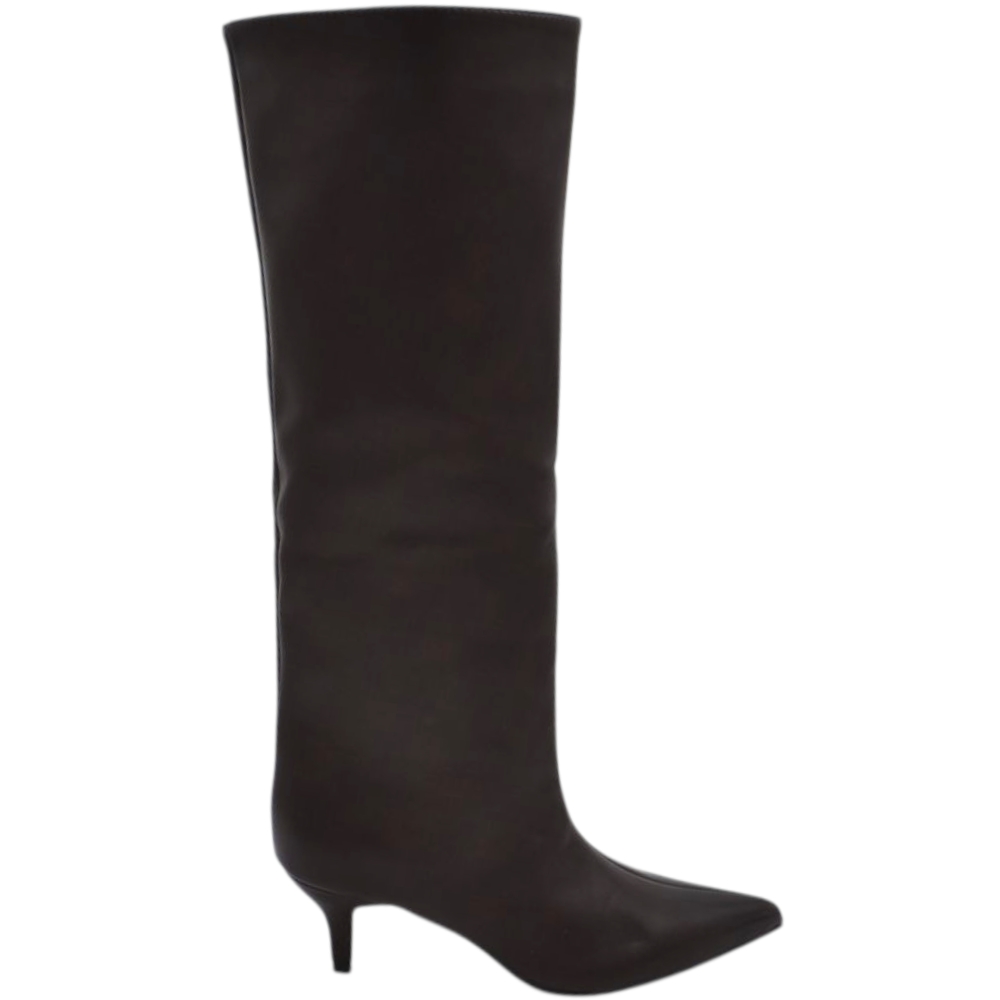 Stivali alti donna al ginocchio in pelle marrone a punta tacco a spillo 4 cm zip lunga aderente moda linea Basic.