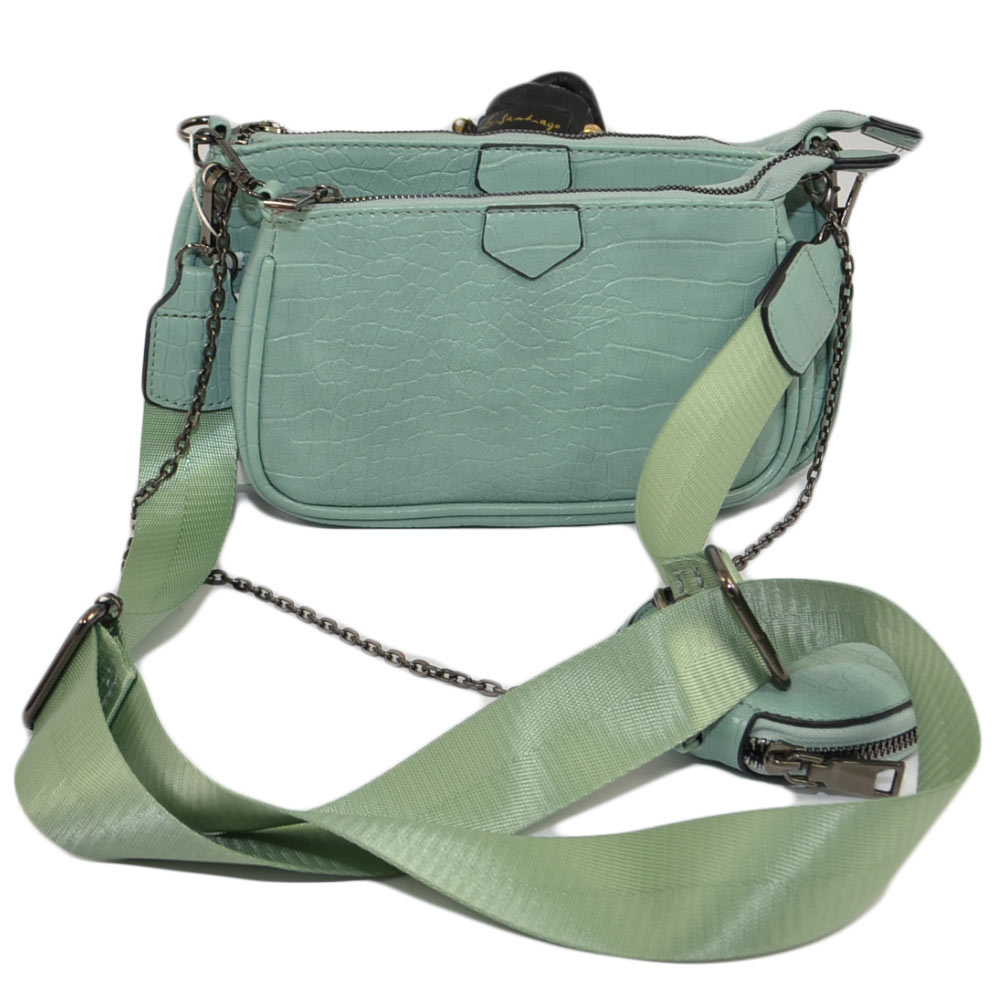 Multi pochette accessoriata a tre elementi verde tiffany cocco tracolla jaquard regolabile portamonete catena moda donna