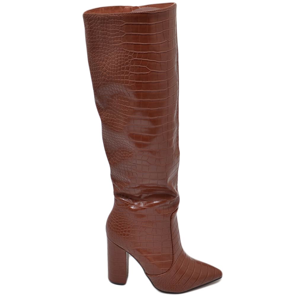 Stivali donna cuoio a punta tacco doppio 10 cm lucido altezza ginocchio rigido stampa coccodrillo con zip moda.