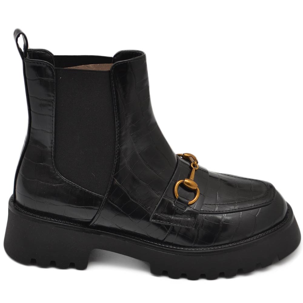 Stivaletti donna chelsea boots combat in ecopelle stampa cocco nero fondo alto elastico morsetto oro made in italy.