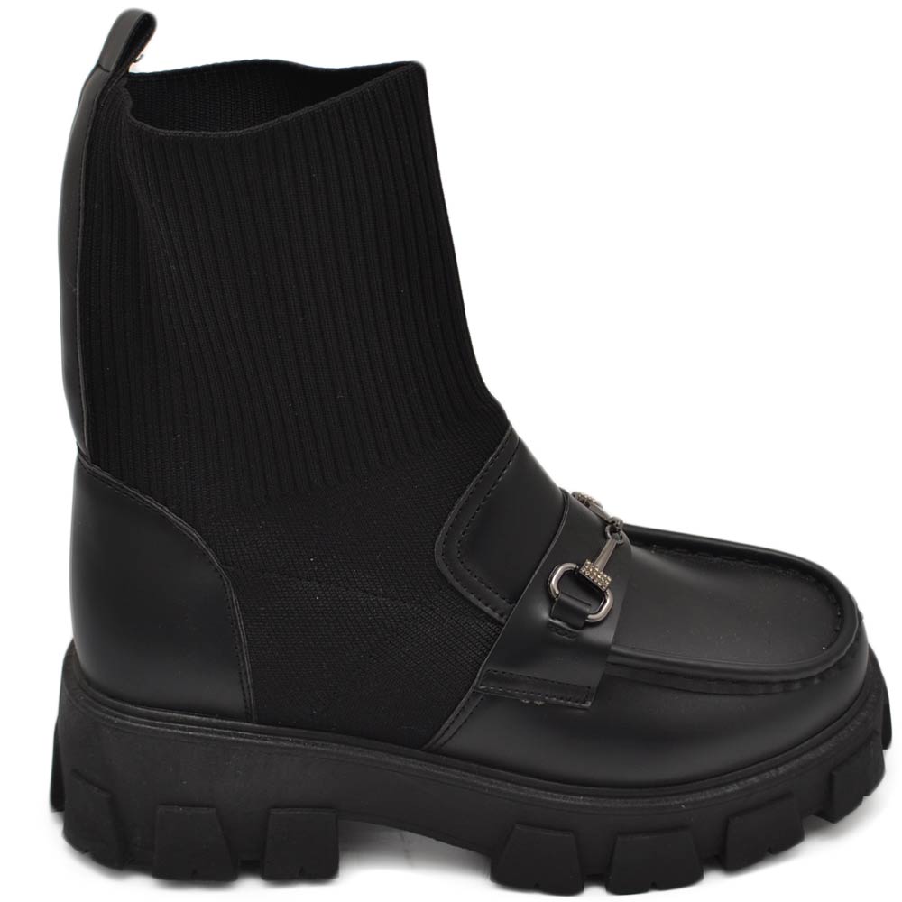 Stivaletti donna chelsea boots combat effetto calzino e pelle nero fondo alto elastico morsetto argento made in italy