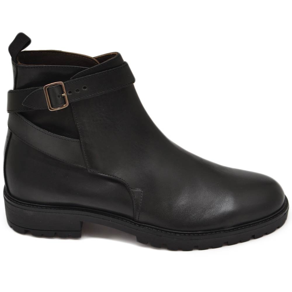 Stivaletto uomo camperos Beatles in vera pelle nero con cinghia fondo gomma made in Italy