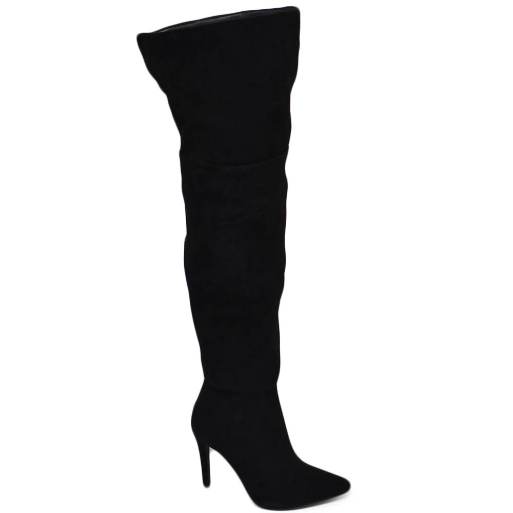 Stivali donna nero a punta in camoscio tacco a spillo 12 altezza sopra al  ginocchio morbido con zip moda donna stivali Malu Shoes