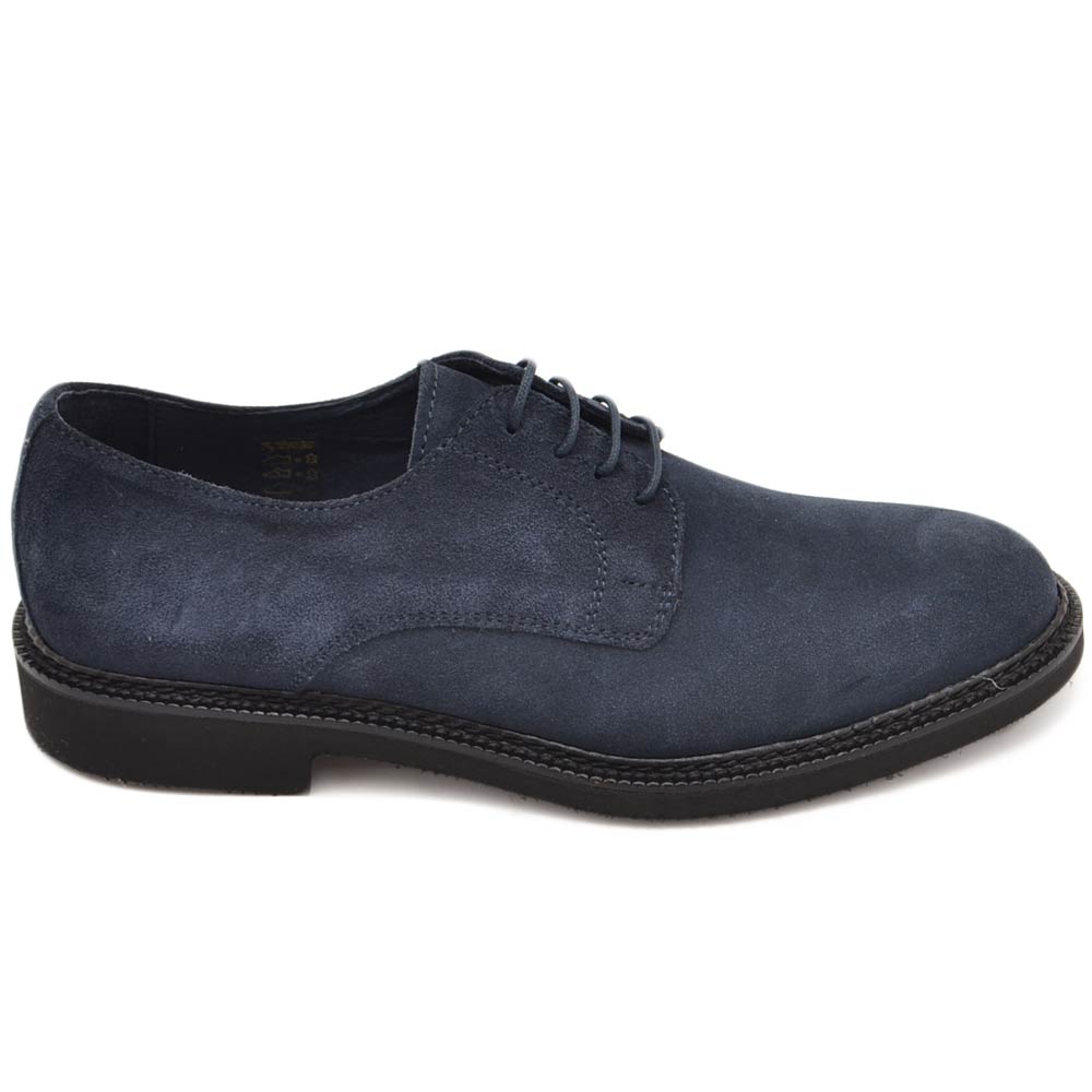 Stringate scarpa francesina uomo in vera pelle scamosciata blu navy e fondo in gomma ultra leggera sottile