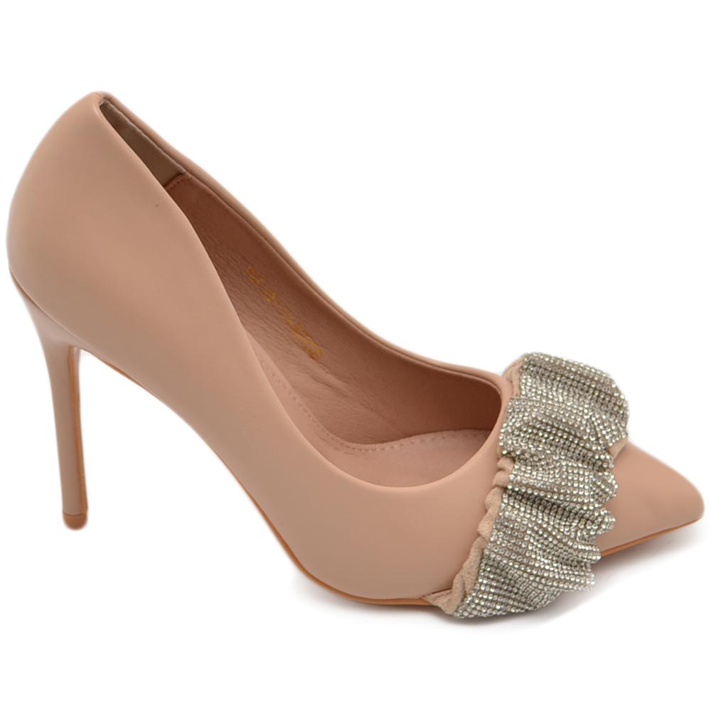 Decolette' donna ecopelle matte nude con punta tacco sottile 12 cm fascia arricciata di strass argento luccicanti