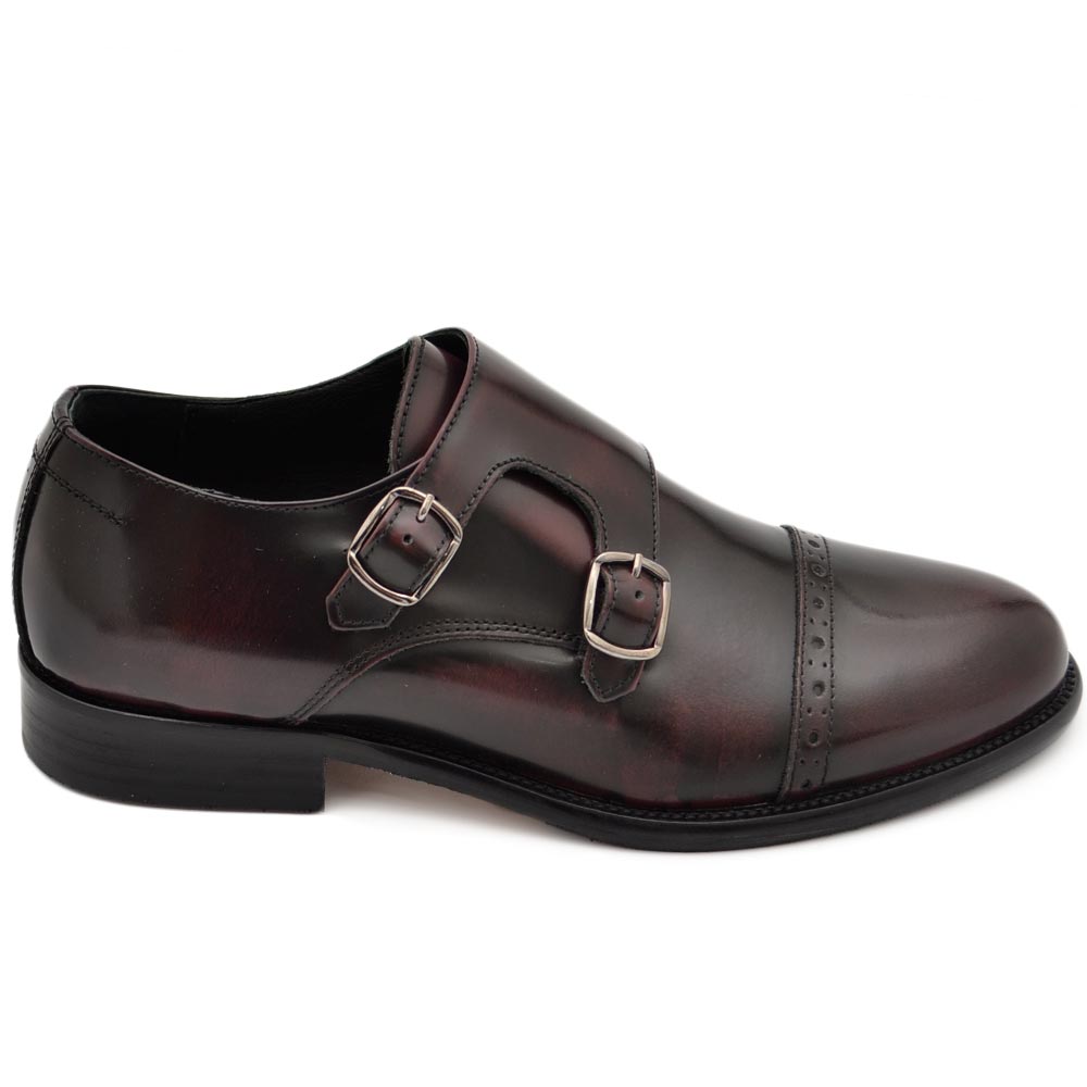 Scarpe classiche due fibbie bordeaux abrasivato fondo cuoio vera pelle genuine leather.