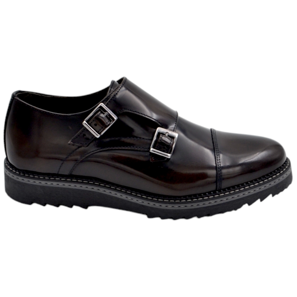 Scarpe uomo doppia fibbia in vera pelle abrasiva marrone suola alta zigrinata bicolore mezza punta chiusura fibbia