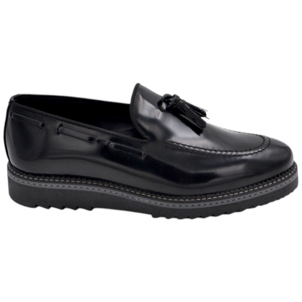 Scarpe uomo mocassino bon bon in vera pelle nera fondo furia zigrinato alto 3,5 cm grigio nero handmade in italy.