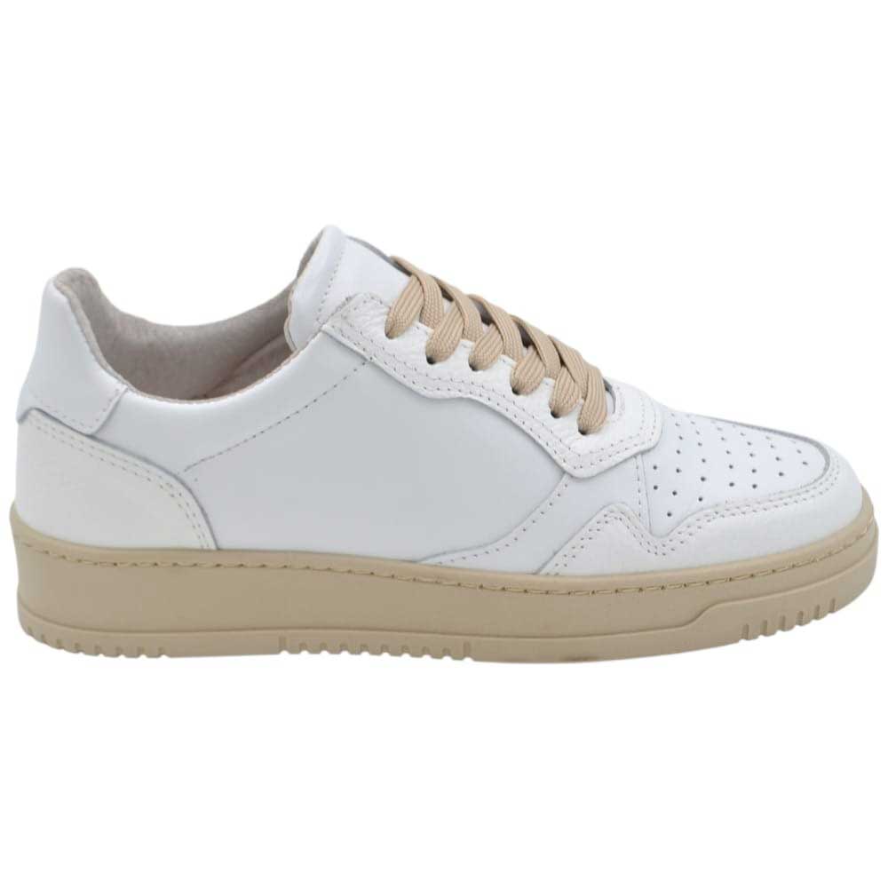 SNEARKERS UOMO BIANCA IN VERA PELLE CON INSERTI DI CAMOSCIO BEIGE CHIUSURA CON LACCI TRASPIRANTE FONDO ALTO ANATOMICO.