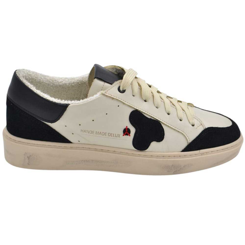 SNEARKERS UOMO BEIGE IN VERA PELLE CON INSERTI DI CAMOSCIO NERO CHIUSURA CON LACCI TRASPIRANTE FONDO ALTO ANATOMICO