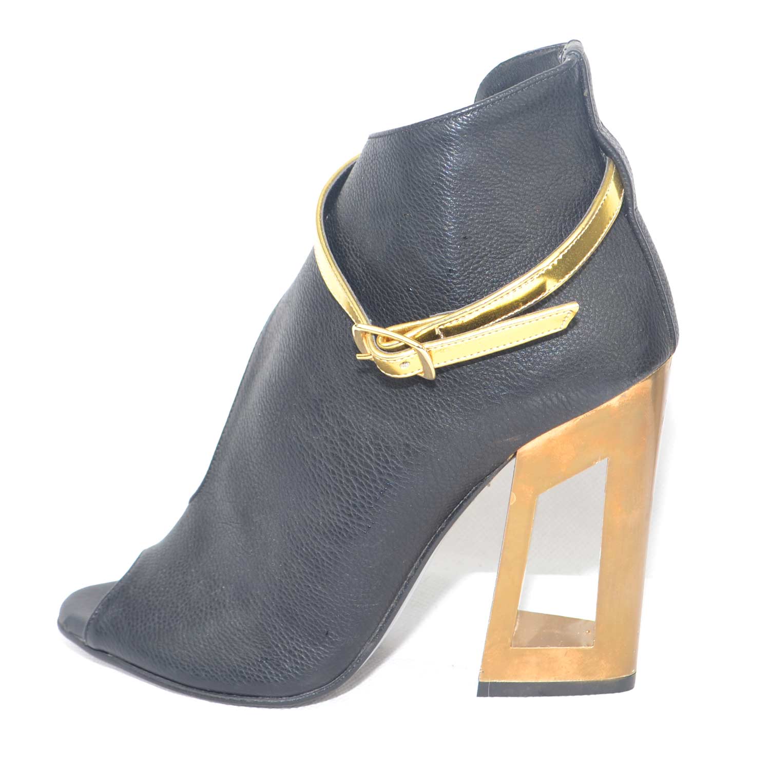 New scarpe tronchetto OPEN art vi101 forma aperto da un solo lato spuntato in punta estivo pelle nero cinturino fashon tacco doppio oro forato vera pelle made in italy tendenza glamour donna tronchett...