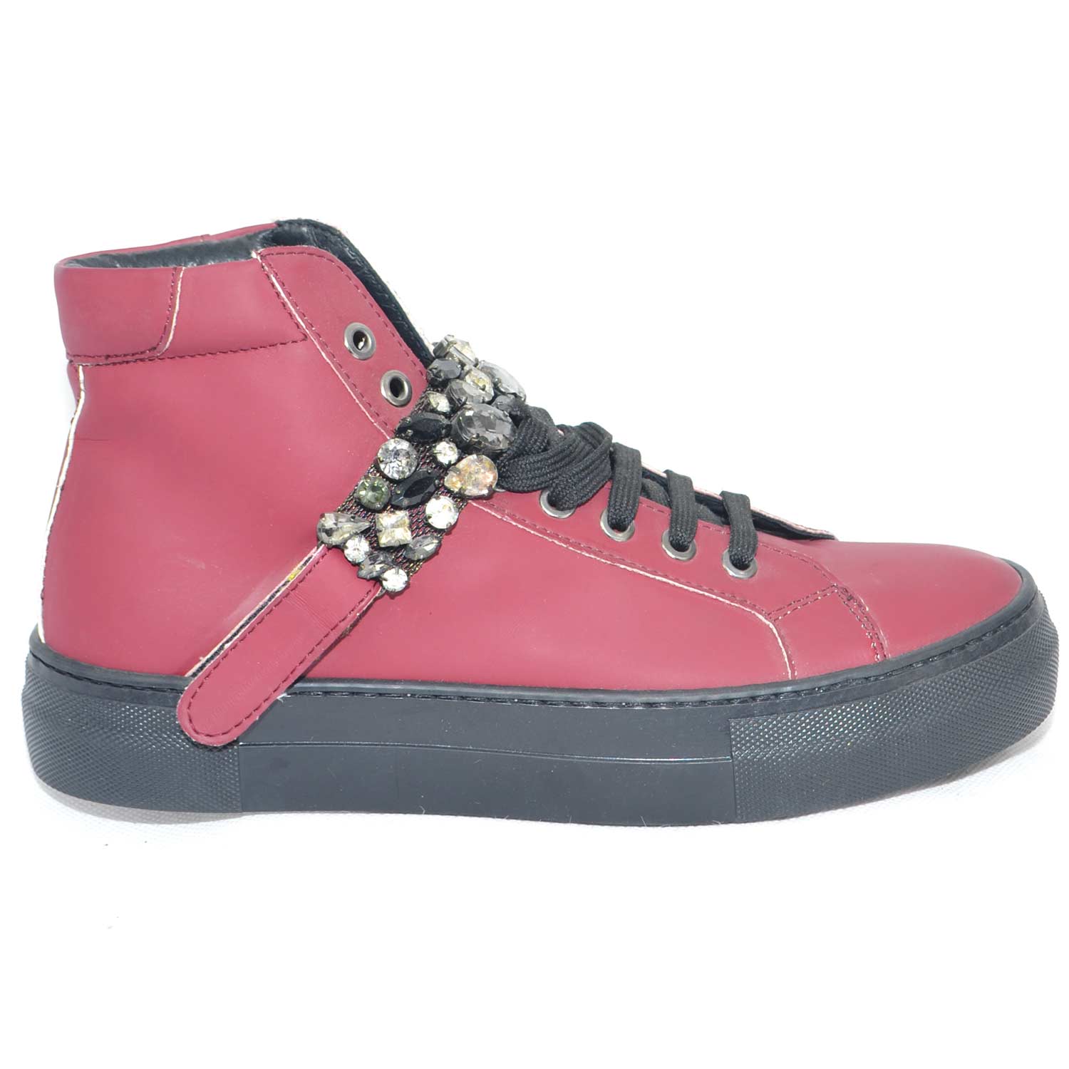Sneakers alta in vera pelle gommata bordeaux e strappo