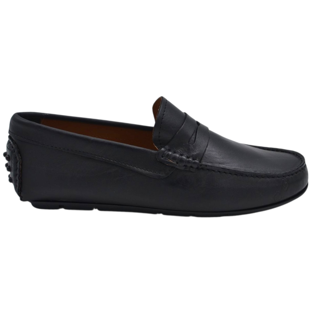 Scarpe uomo mocassino in vera pelle nero con bendina suola in gomma piatta elegante.