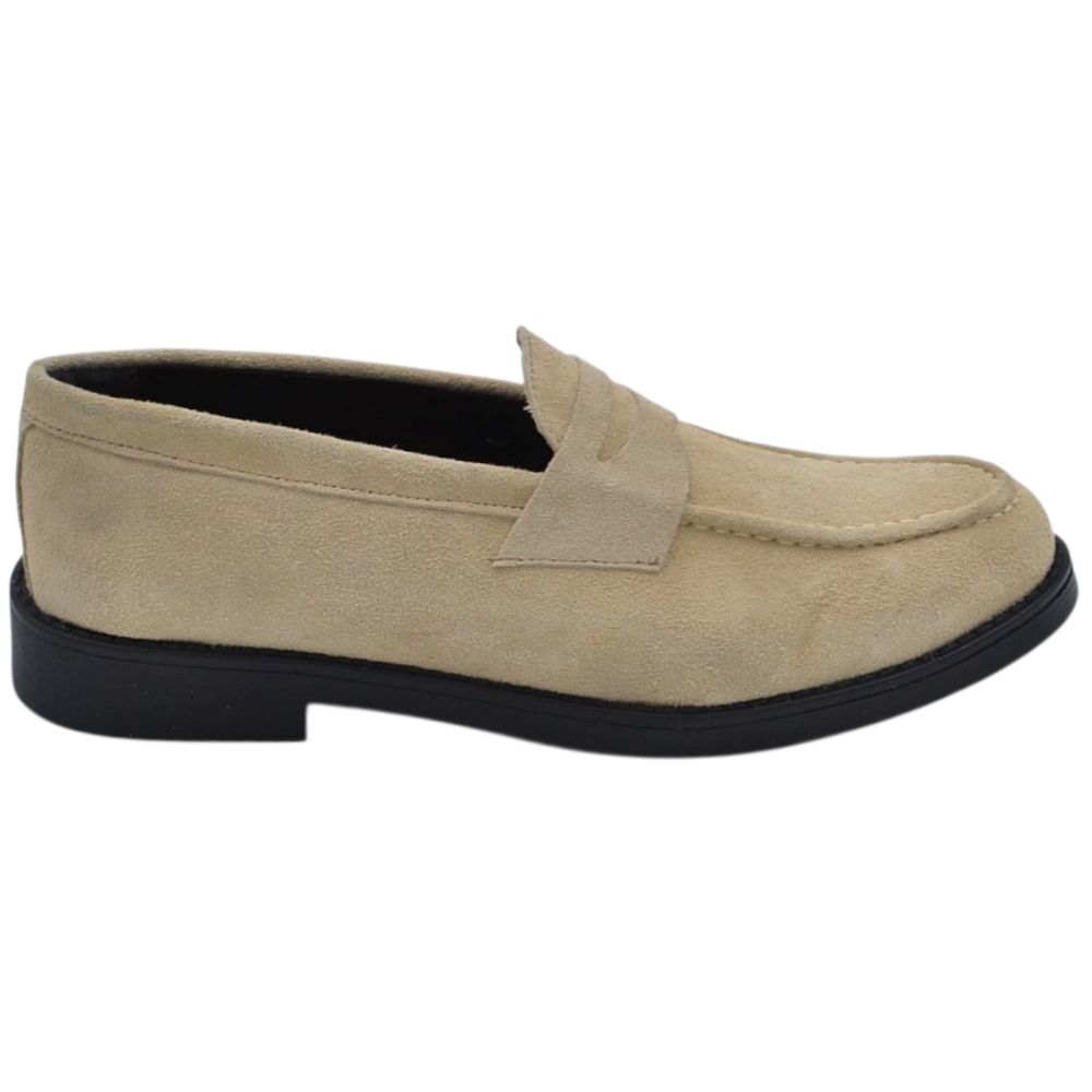 Scarpe uomo mocassino con bendina beige in vera pelle scamosciata business fondo gomma liscio alto 2 cm.