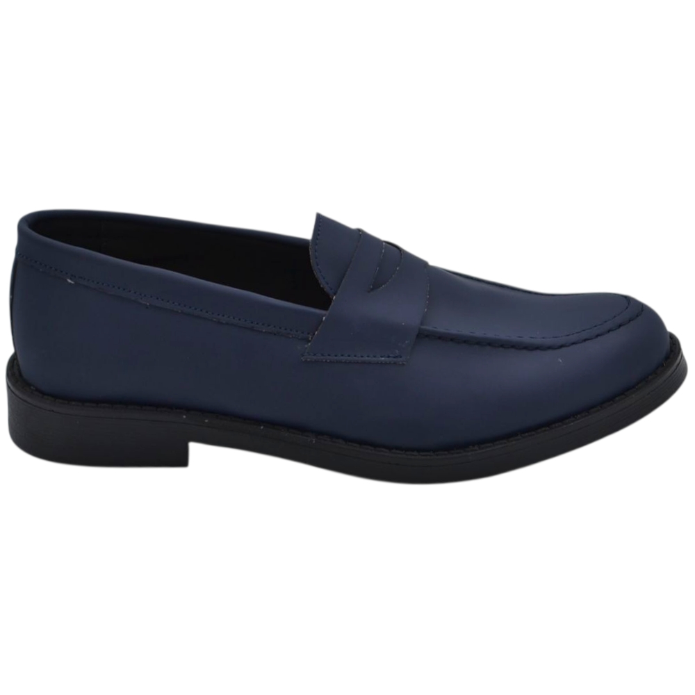 Scarpe uomo mocassino con bendina blu in vera pelle matte business fondo gomma liscio alto 2 cm.