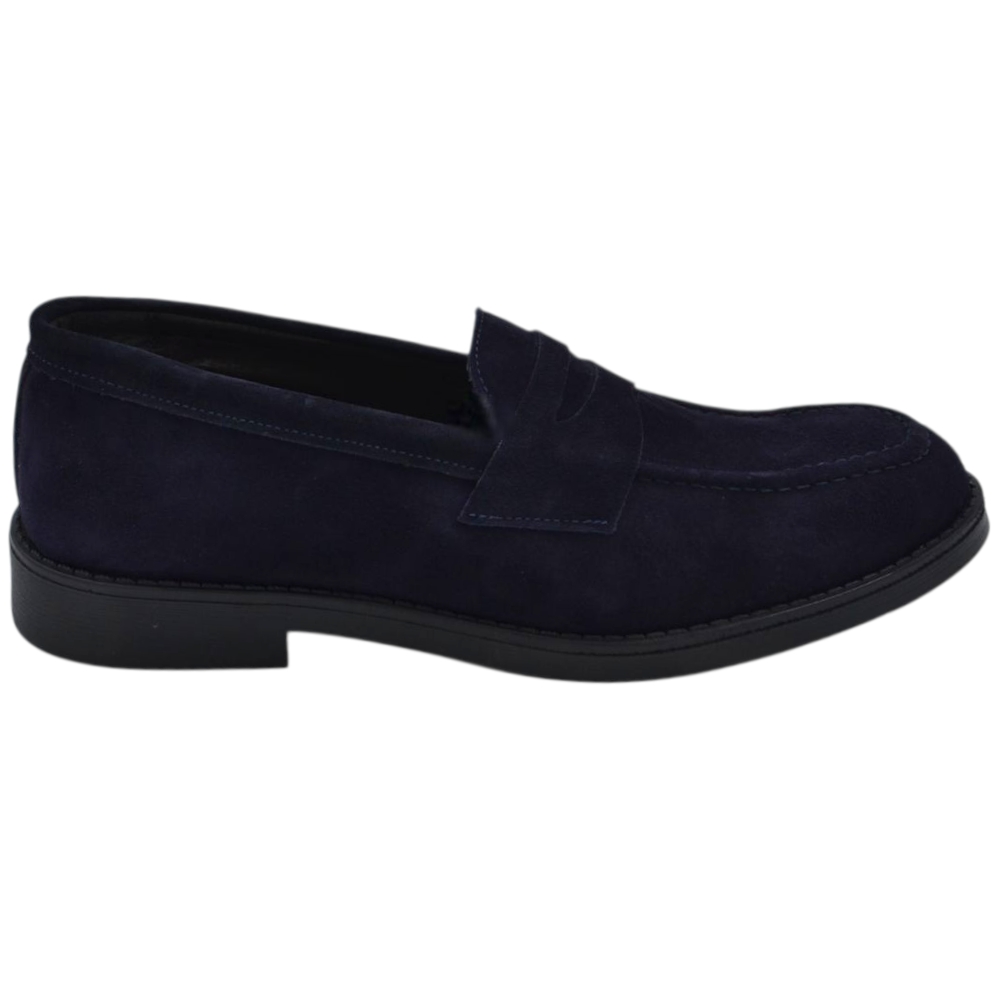 Scarpe uomo mocassino con bendina blu in vera pelle scamosciata business fondo gomma liscio alto 2 cm