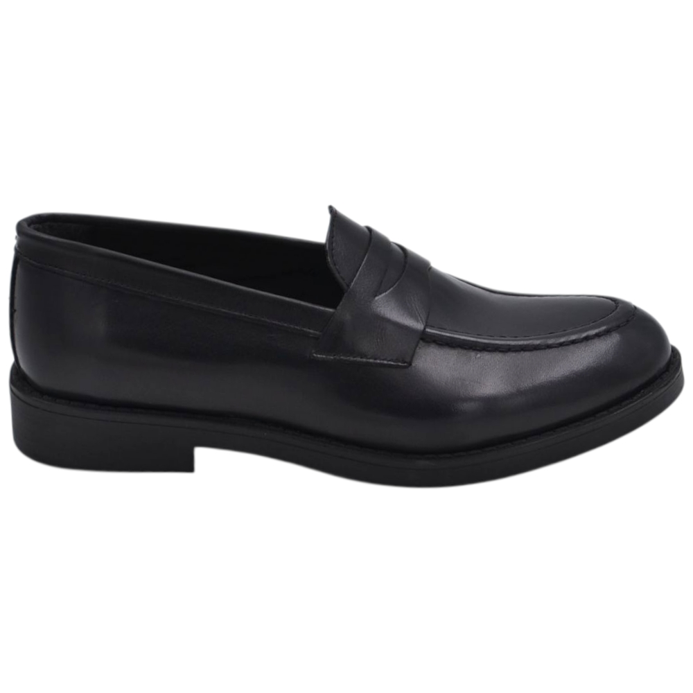 Scarpe uomo mocassino con bendina nero in vera pelle matte business fondo gomma liscio alto 2 cm	