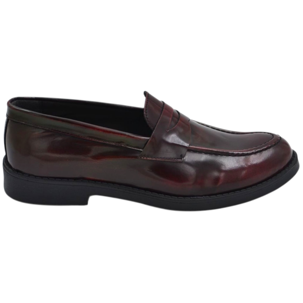 Scarpe uomo mocassino con bendina bordeaux in vera pelle abrasivata business fondo gomma liscio alto 2 cm