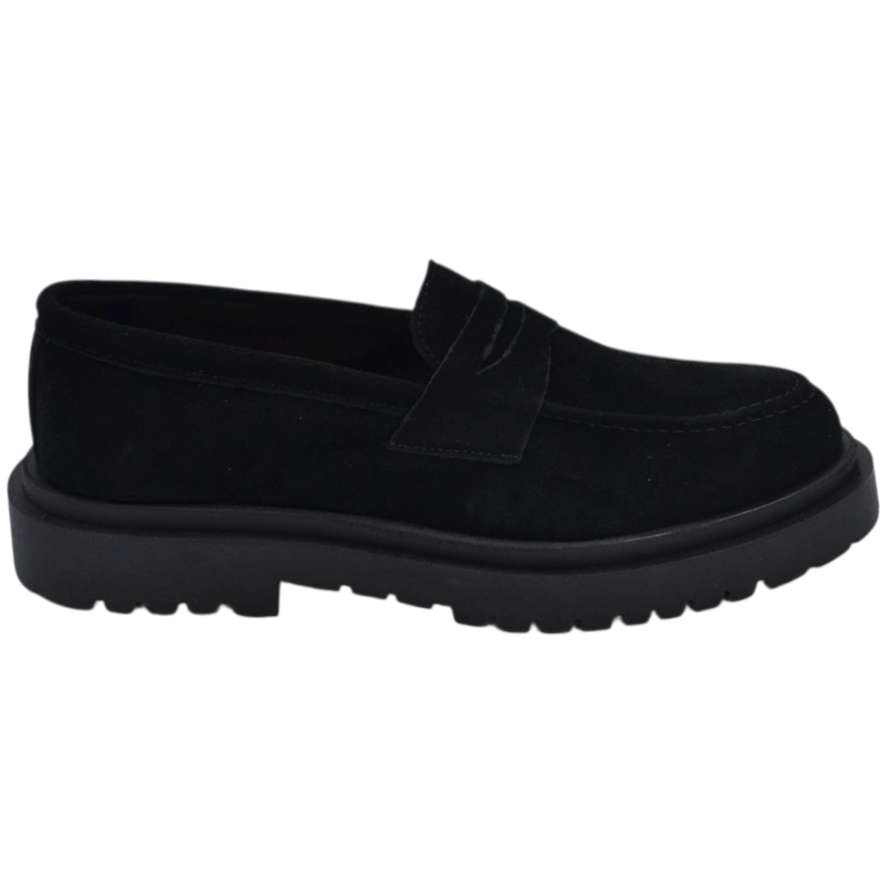 Scarpe uomo mocassino con bendina nera in vera pelle scamosciata business fondo gomma zigrinato alto