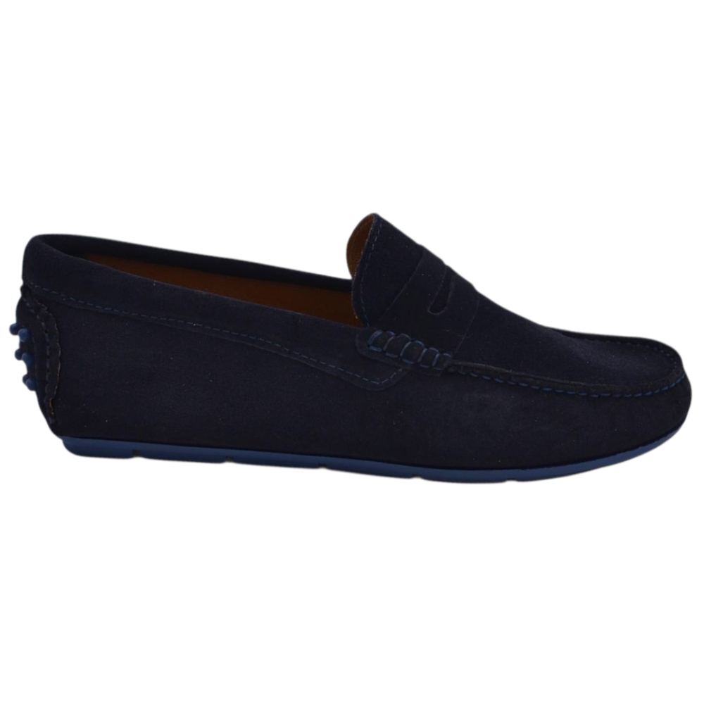 Scarpe uomo mocassino in vera pelle camoscio blu con bendina suola in gomma piatta elegante.