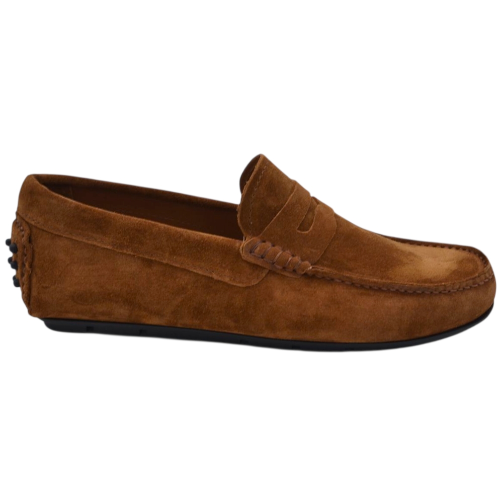 Scarpe uomo mocassino in vera pelle camoscio cuoio con bendina suola in gomma piatta elegante.
