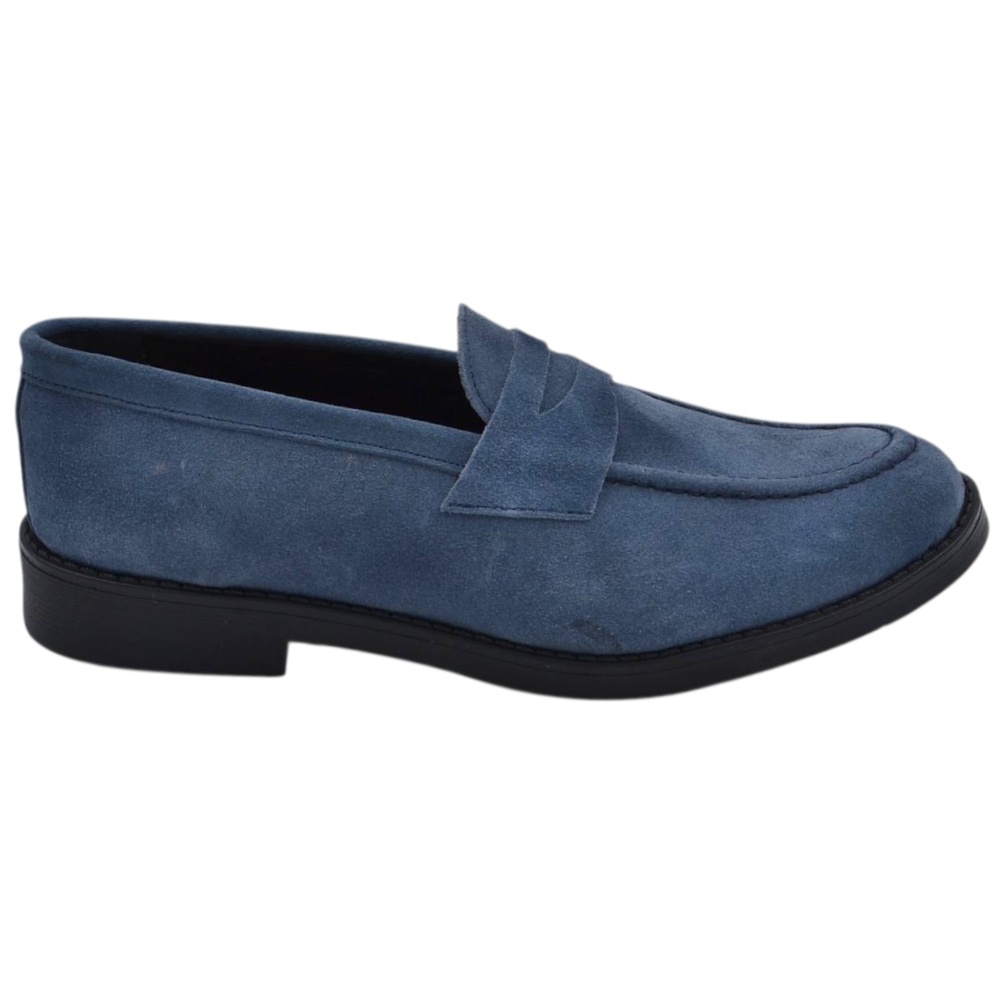 Scarpe uomo mocassino con bendina celeste in vera pelle scamosciata business fondo gomma liscio alto 2 cm