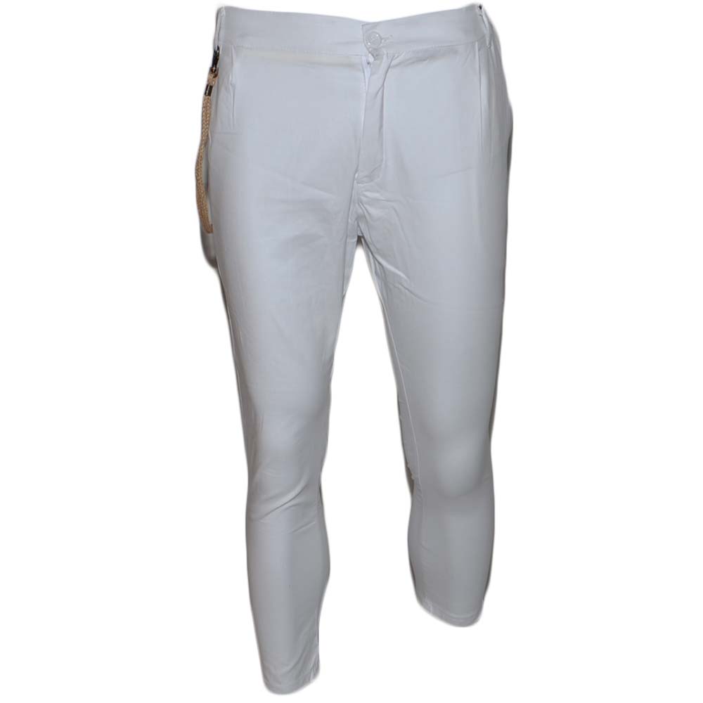 Pantaloni chino uomo di puro cotone bianco con bottone e tasche americane catena di corda in vita moda dandy.