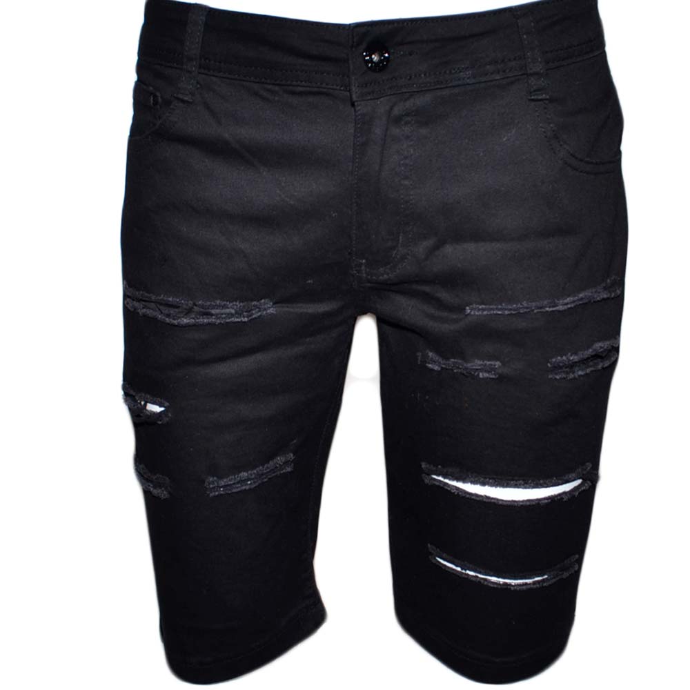 Pantaloni corti shorts pantaloncini uomo neri con strappi slim fit in cotone bermuda tinta unita