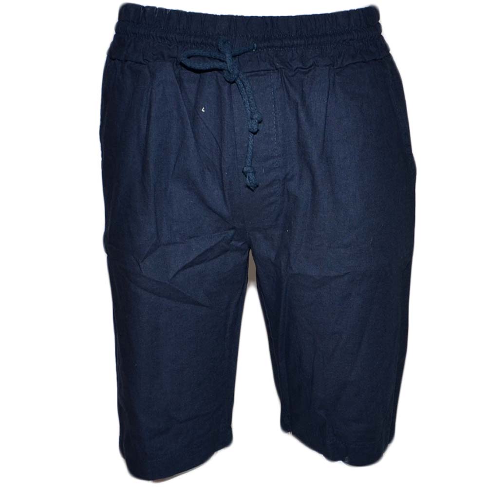 Pantaloni corti shorts pantaloncini uomo di puro lino blu notte con elastico e coulisse bermuda tinta unita fresco