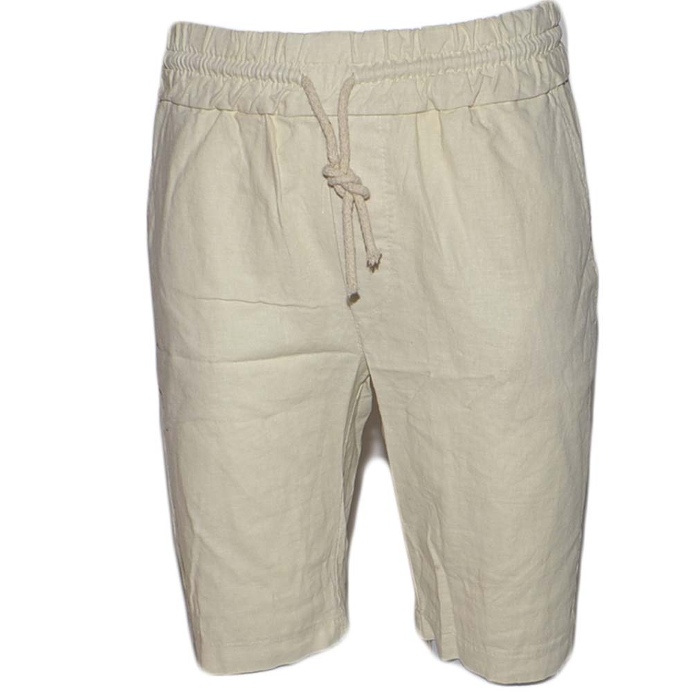 Pantaloni corti shorts pantaloncini uomo di puro lino beige con elastico e coulisse bermuda tinta unita fresco
