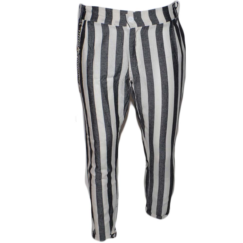 Pantaloni chino uomo di puro lino bianchi e grigi a striscia con catena bottone e tasche americane moda dandy 