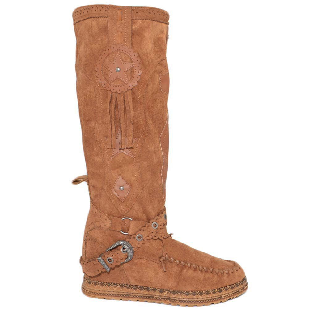 Stivali donna indianini cuoio al ginocchio con frange zeppa interna 5 cm e stemma scamosciati alti moda
