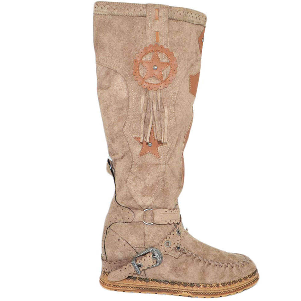 Stivali donna indianini tortora al ginocchio con frange zeppa interna 5 cm e stemma scamosciati alti moda