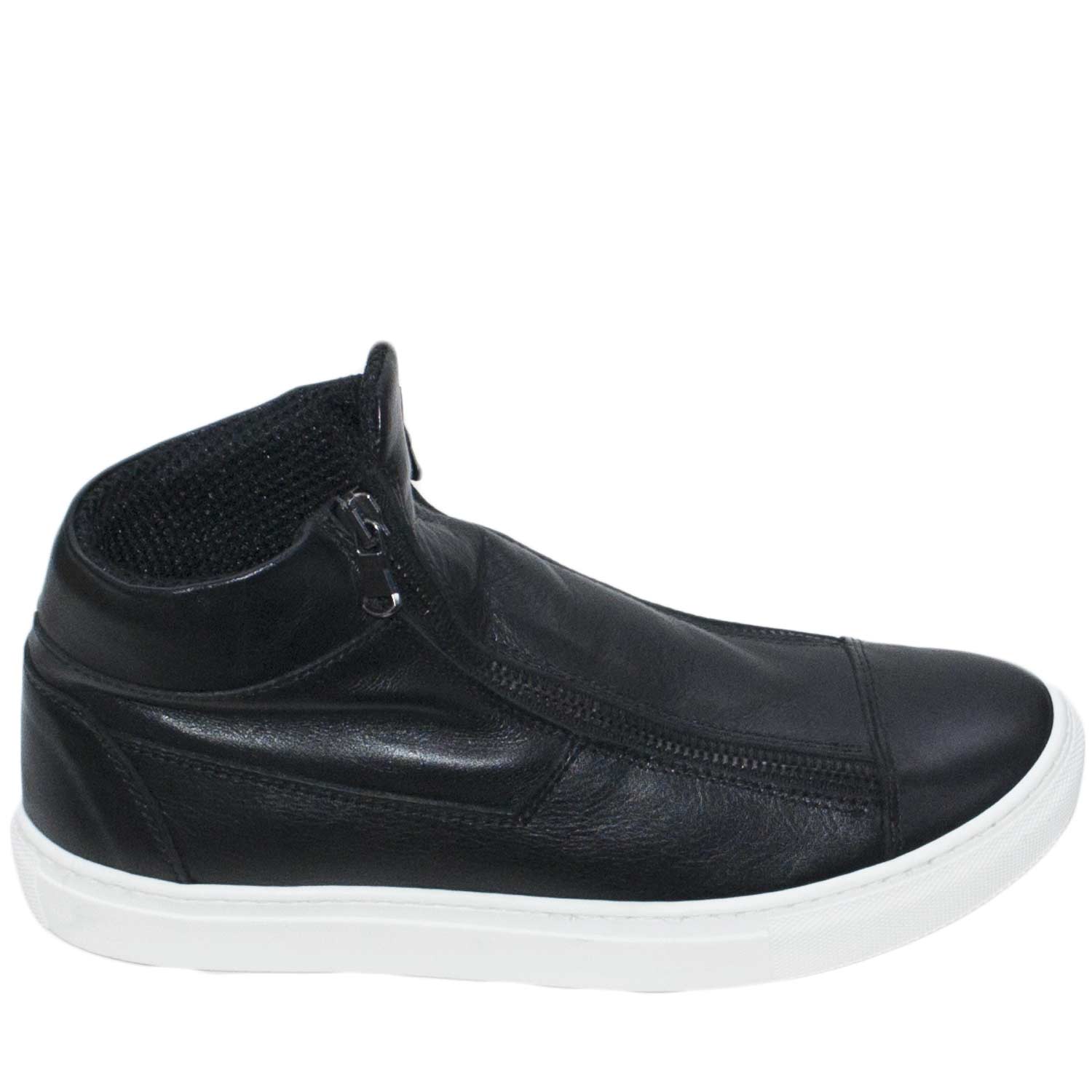 scarpe uomo sneakers alta nero vera pelle fondo bianco doppia zip genuine leather.