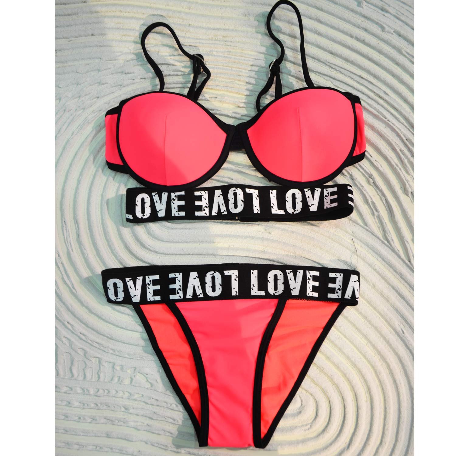 Swimwear bikini donna push up costume da mare moda bikini rosa fluo con scritta love