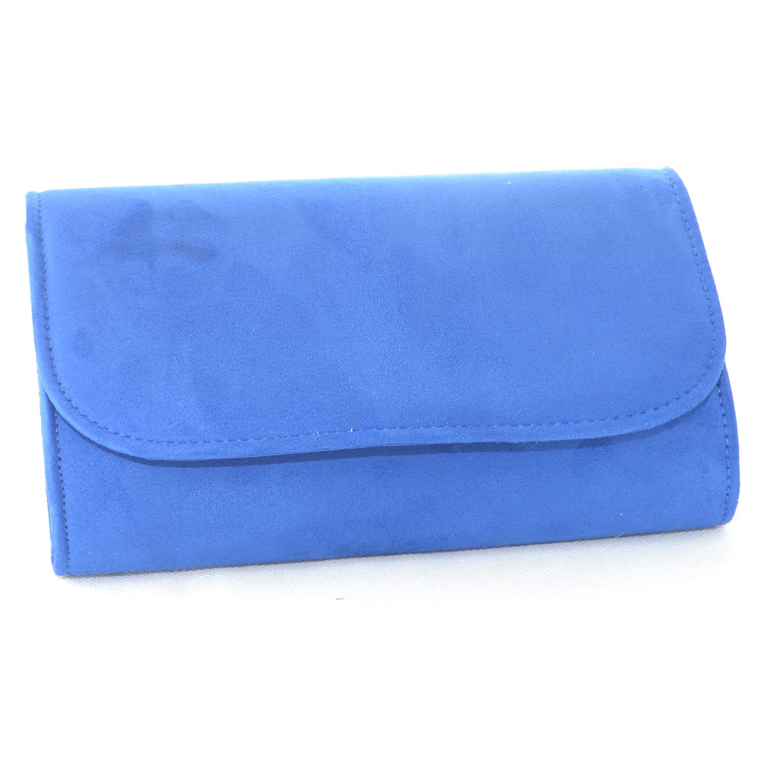 Pochette rettangolare in camoscio blu elettrico con catena e chiusura clip linea basic.